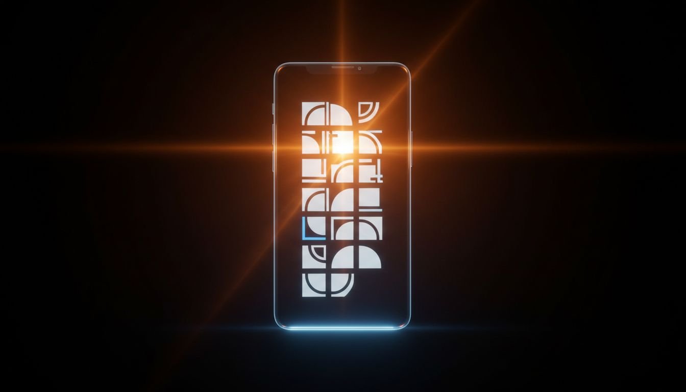 A smartphone displaying a white abstract geometric pattern with a central orange flare and a blue highlighted shape.