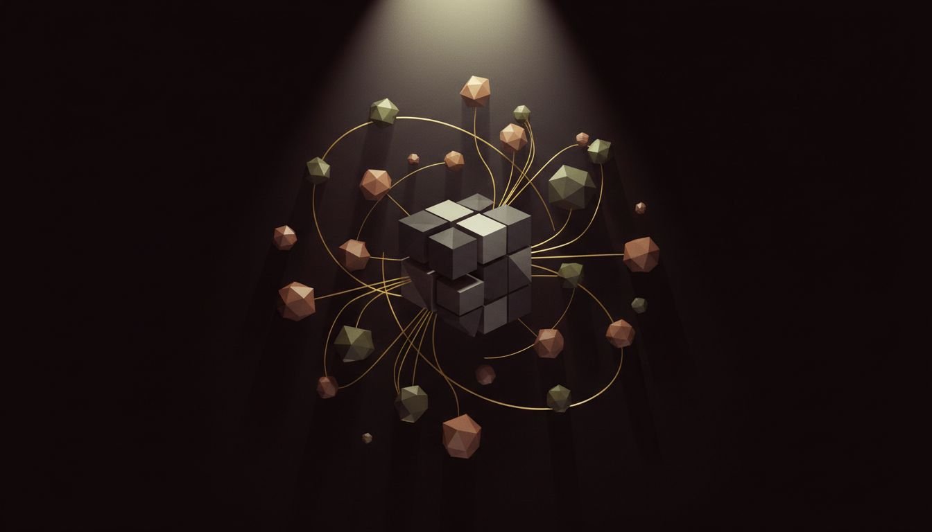 A 3D render of a dark grey cube connected by golden lines to numerous faceted green and brown polygonal spheres, illuminated by a spotlight.