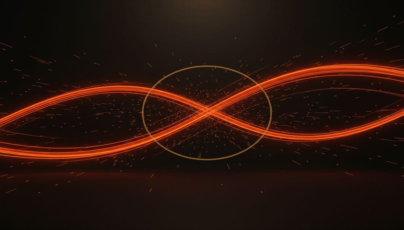 Abstract image with glowing orange lines forming an infinity symbol within a golden circle, surrounded by sparks on a dark background.