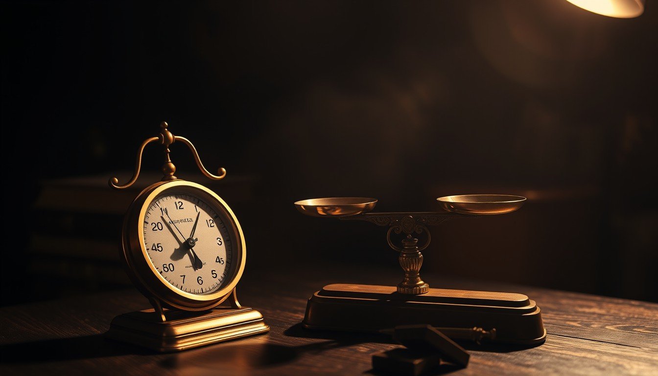 Vintage clock and brass balance scale on a dark desk under warm spotlight, cost and value concept