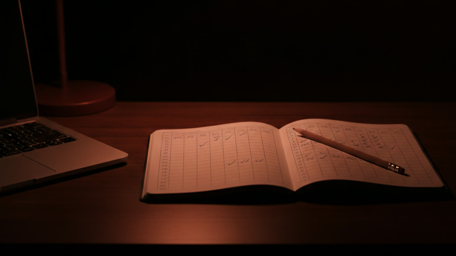 An open notebook ruled into a handwritten grid log with check marks and crosses, a pencil across it and a laptop at the edge of a dark desk, standing in for a manual AI visibility prompt log.