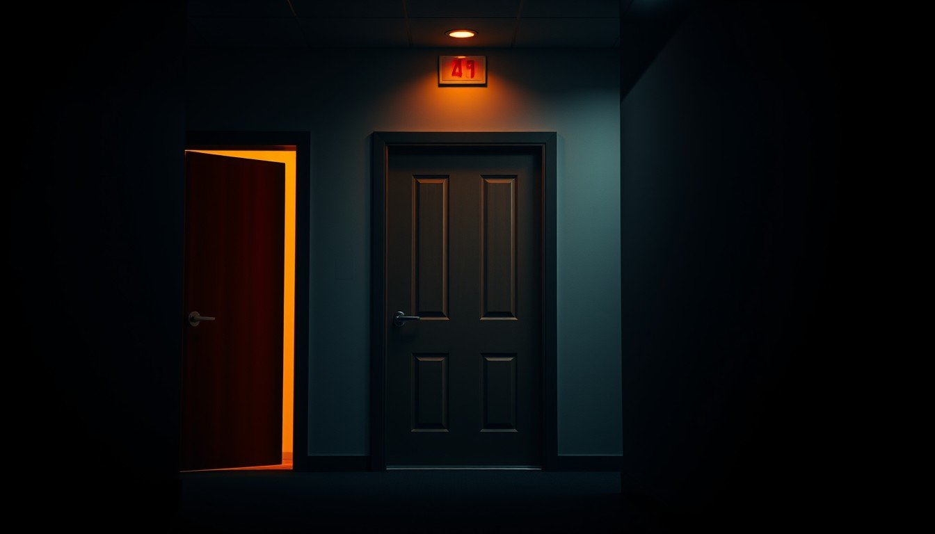 Dark corridor with one door glowing warm amber, a metaphor for choosing the right agency