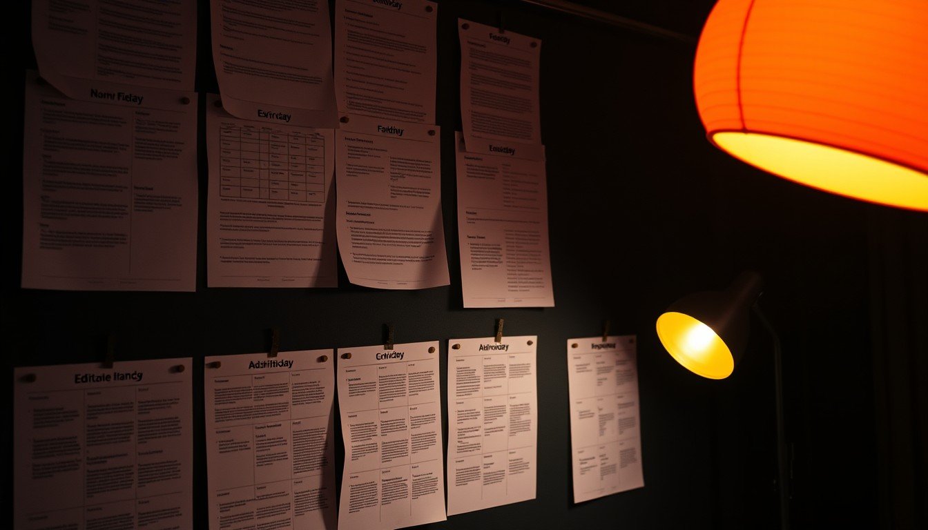 Editorial planning wall with printed content grids pinned under warm amber lamp light
