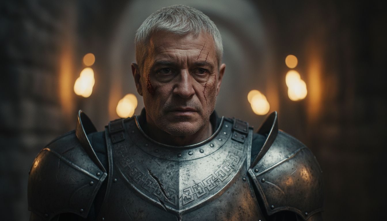 A battle-scarred armored commander in a torchlit stone hall, the hero image of the Dalinar quiz and reading-guide site.