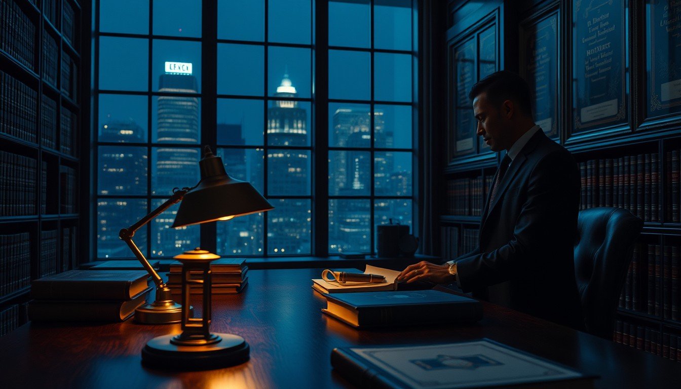 Law firm library at night with brass desk lamp and lawyer by the window, dramatic lighting