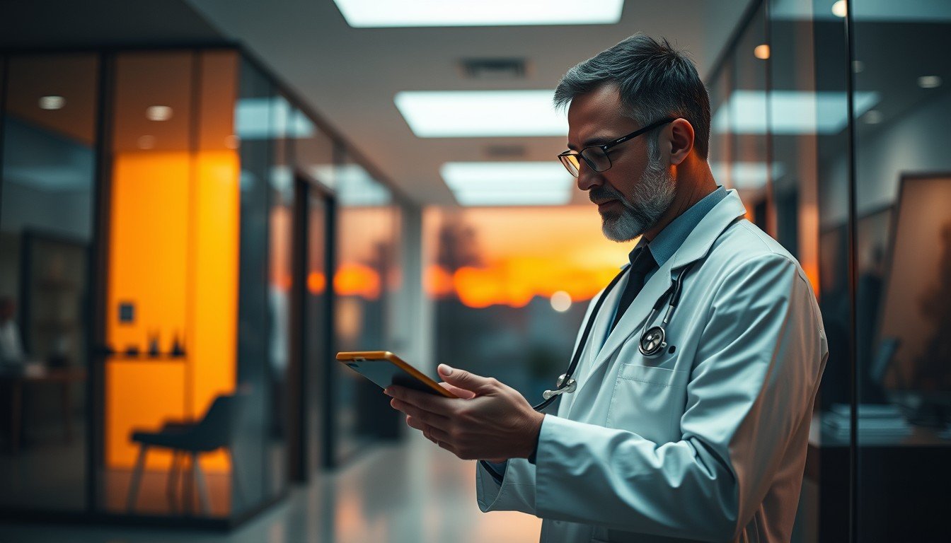 Doctor in white coat reviewing a tablet in a modern clinic at dusk, warm amber light