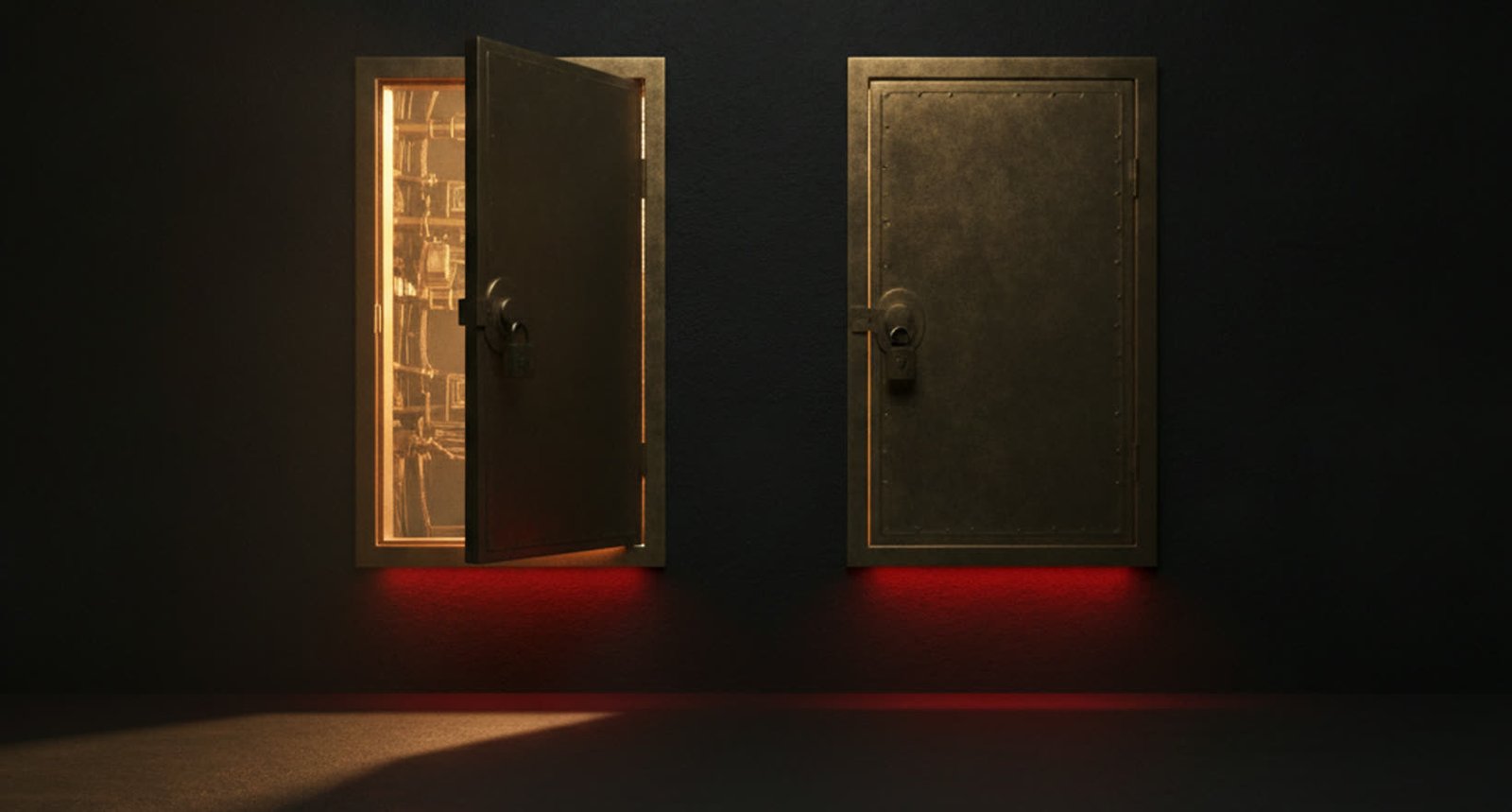 Two identical metal doors side by side on a dark wall, one standing open with warm light inside and the other closed with a padlock, standing in for two crawlers with opposite robots.txt settings.