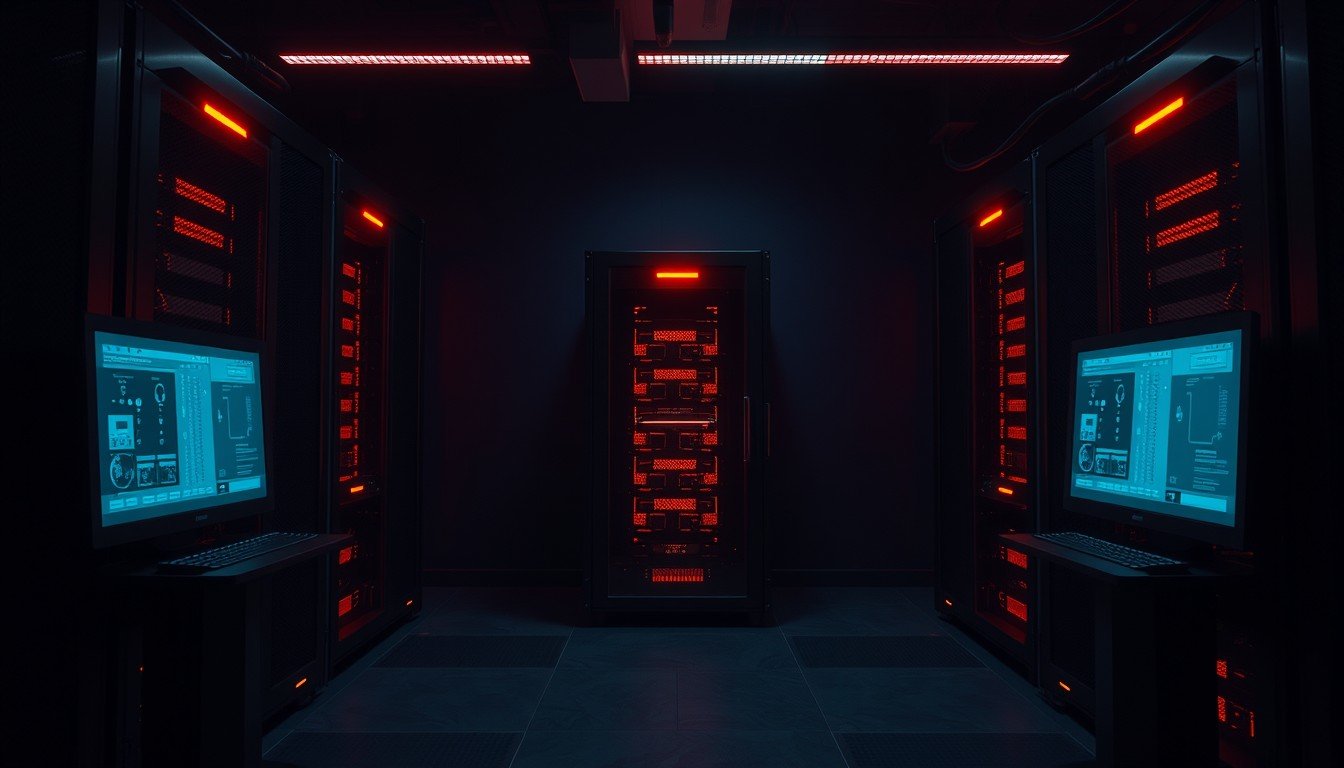 Dark server room with contrasting colored interface panels, platform comparison concept