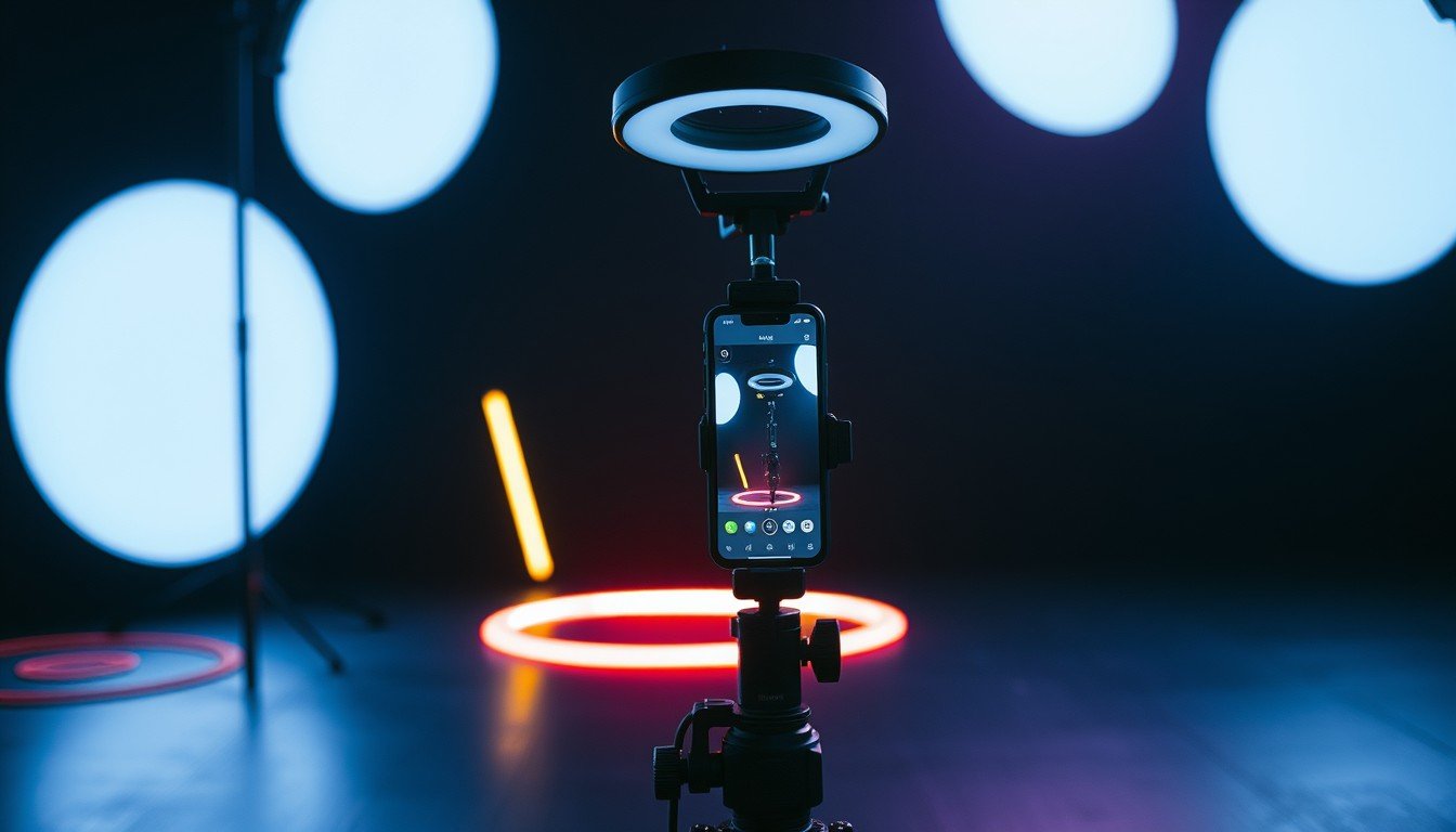 Vertical smartphone on a ring light rig in a dark studio with neon glow, creator video setup