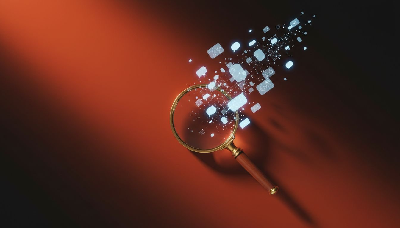 Magnifying glass on a dark red surface, with glowing digital icons like chat bubbles and data points emerging from its lens.