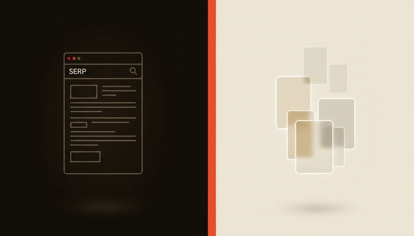 Outline illustration of a search engine results page (SERP) on dark background, next to overlapping translucent beige rectangles on light background, divided by an orange vertical line.