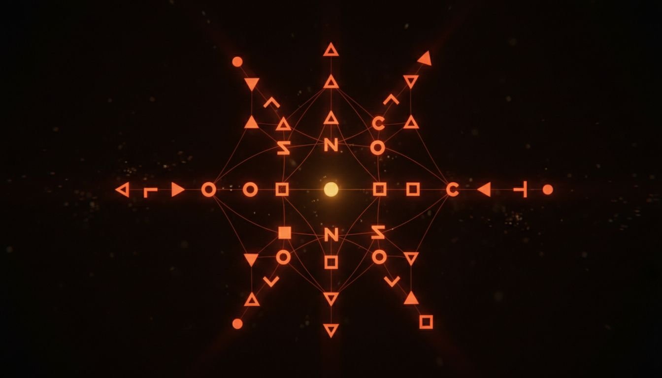 Abstract glowing orange geometric symbols and stylized letters forming a symmetrical network on a dark background.