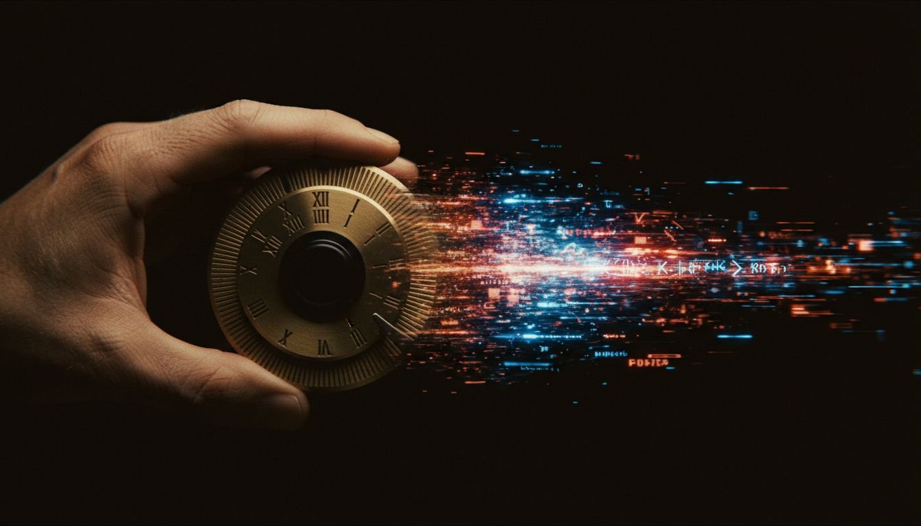 A hand holds a golden clock-like dial with Roman numerals, from which a vibrant stream of blue and red digital data flows across a dark background.