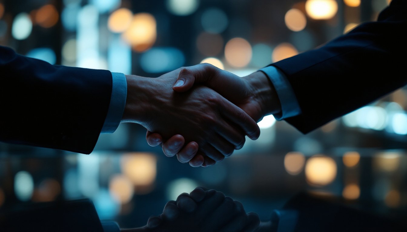 Business handshake against city lights, insurance agency visual