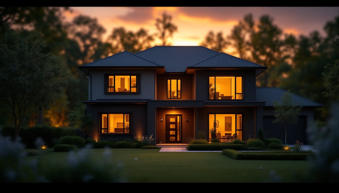 Suburban home at golden hour, real estate and mortgage visual