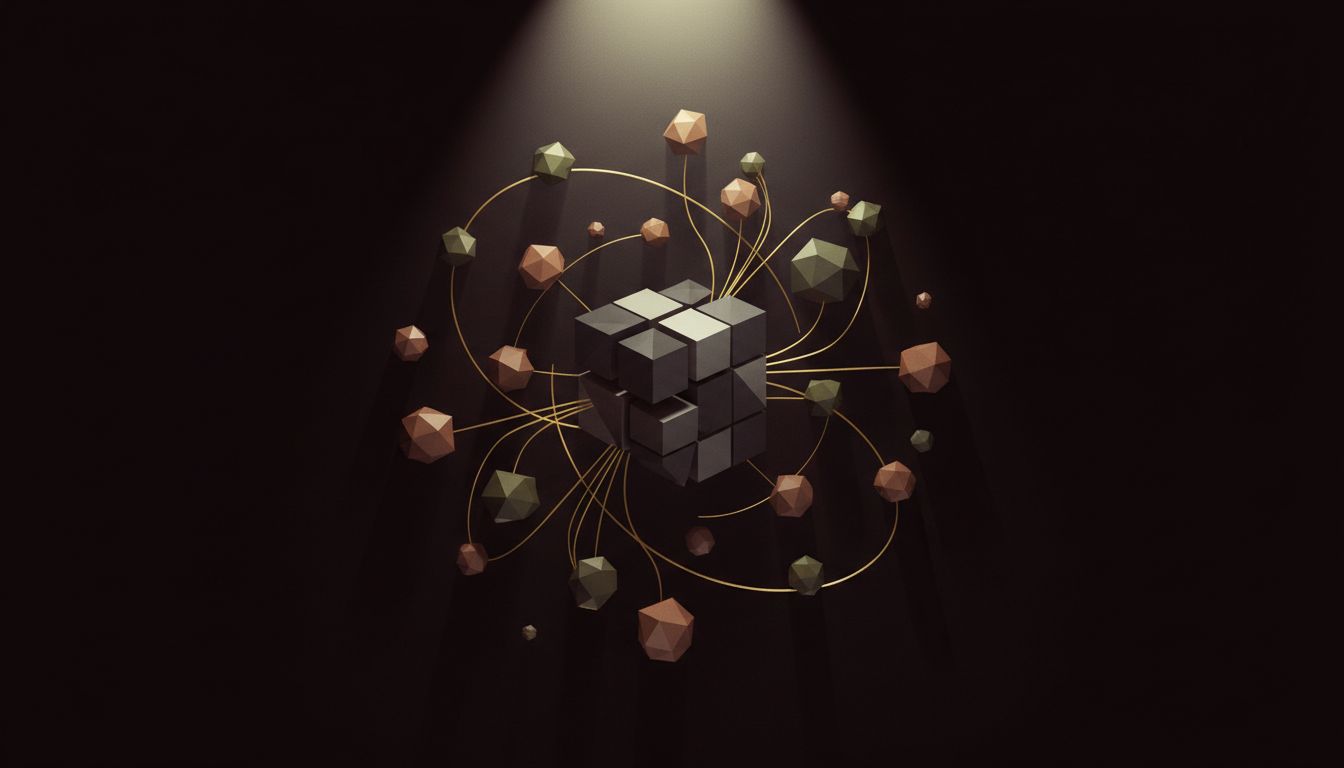 Stylized constellation of cited sources orbiting a central AI response block