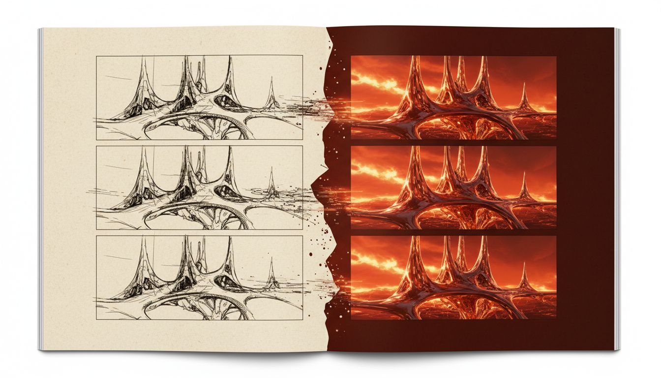 Storyboard transitioning from sketch frames to cinematic rendered frames