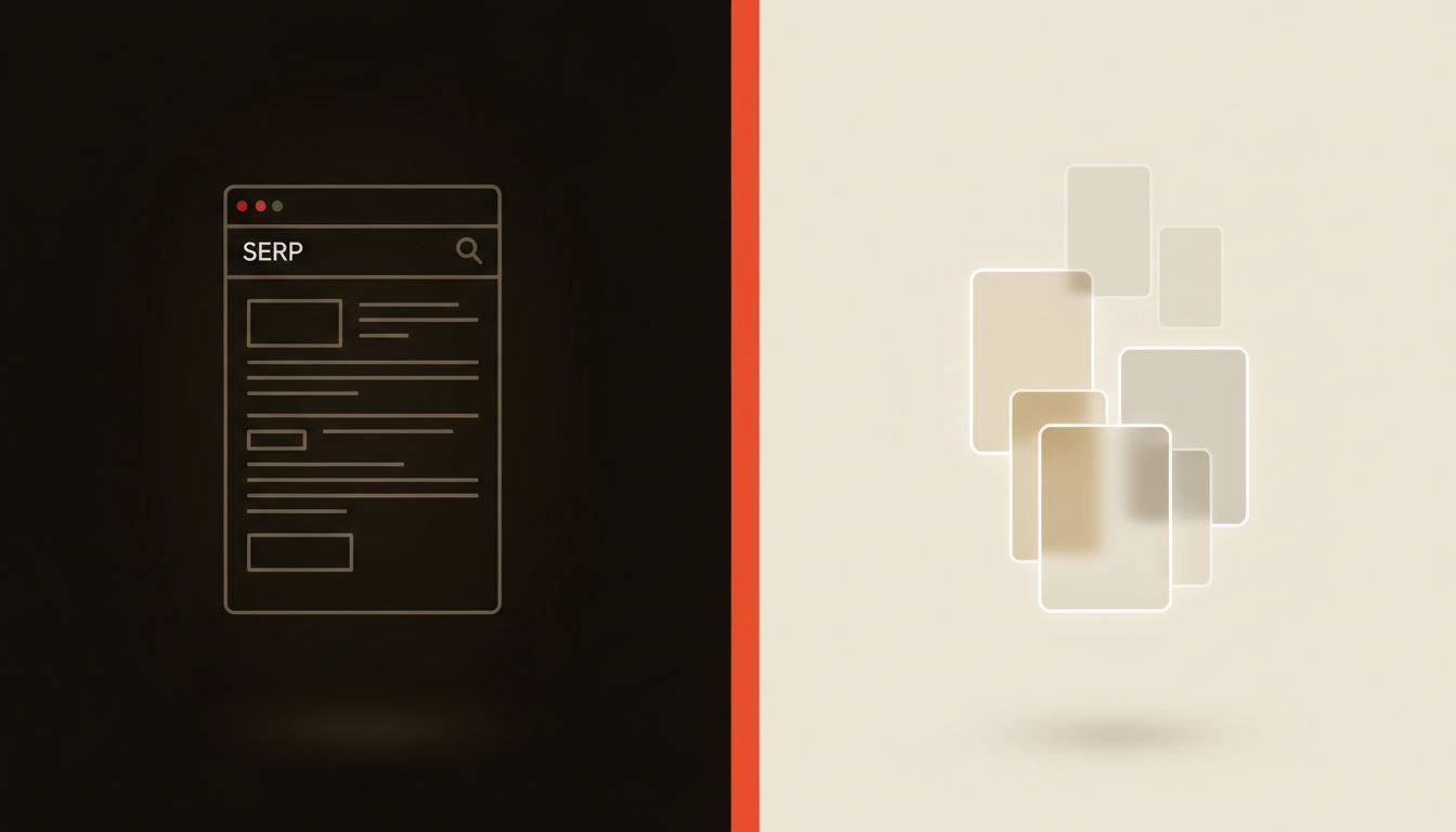 Split editorial composition — classic SERP fading into generative AI answer cards