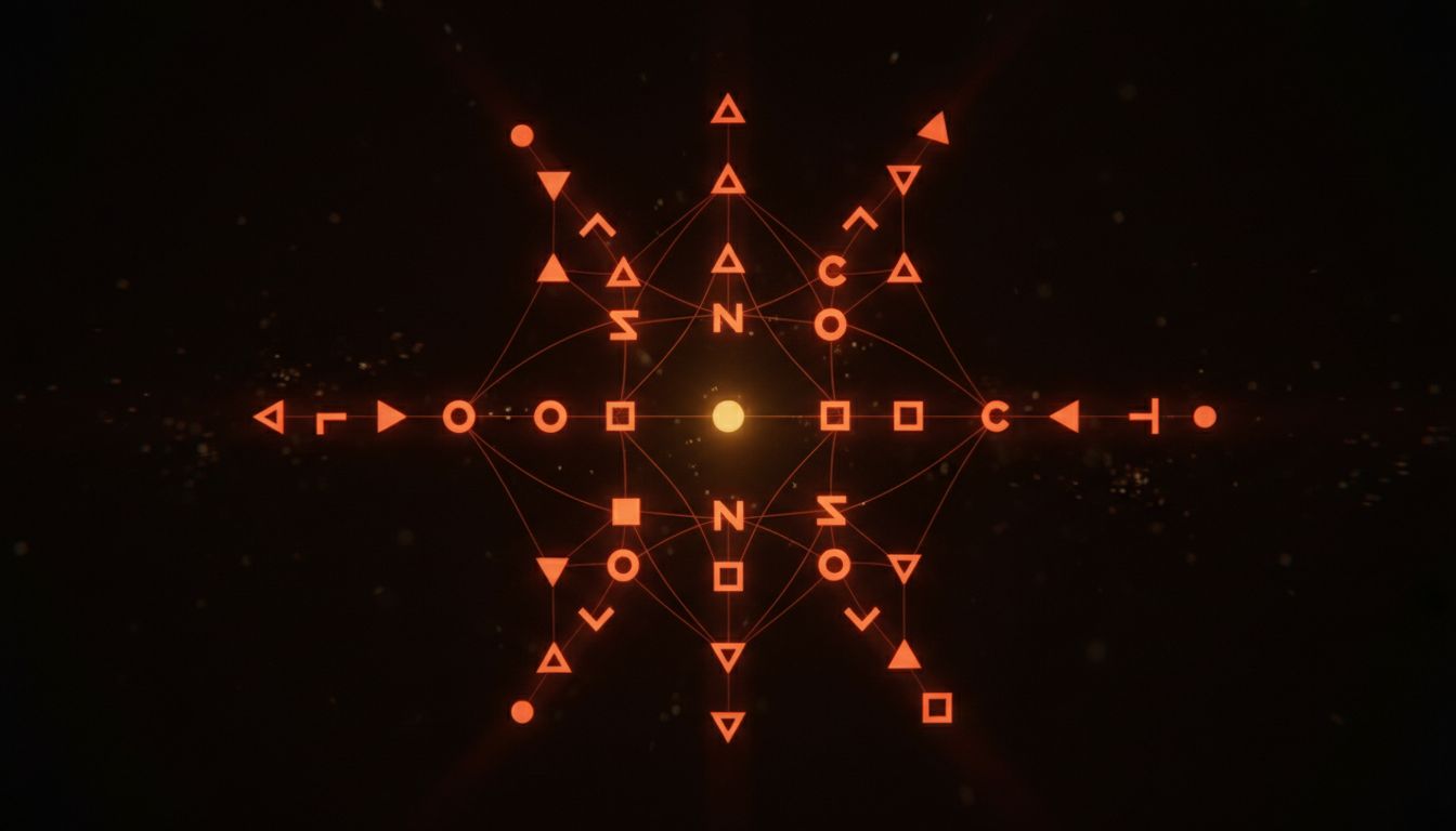 Constellation of abstract paid media platform glyphs in vermillion light, one central mustard-gold node — editorial illustration for the Advantage+ era